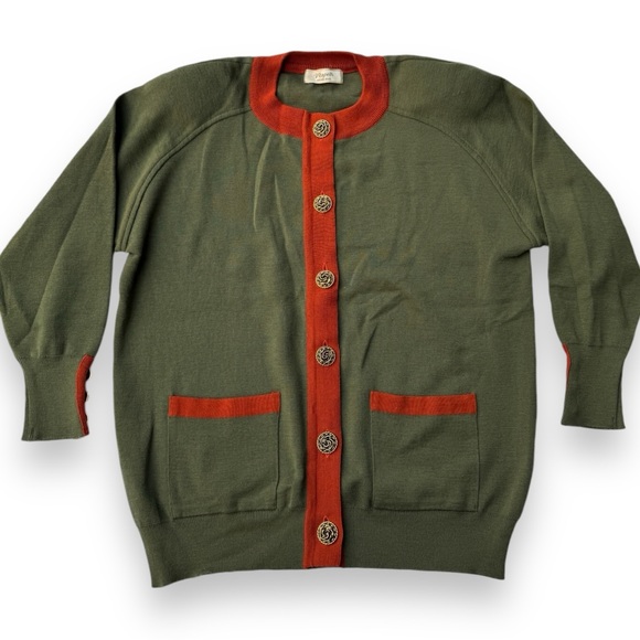 Olive Green Wool Knit Cardigan Contrast Hem Gold Buttons - Picture 1 of 11